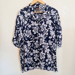 Vintage Pineapple Connection Floral Hawaiian Shirt-Size XL-Pocket-Navy-Hibiscus